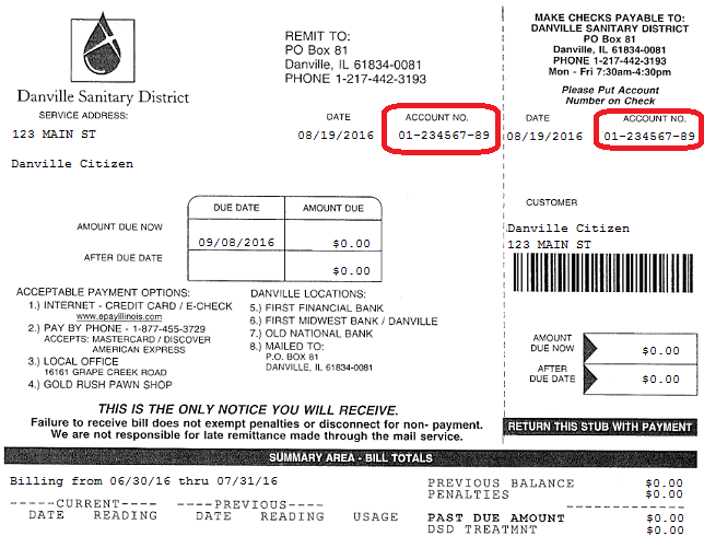 Image of a bill with the account number located in the upper left area