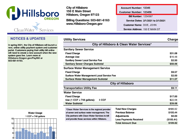 Image of a bill with the account number located in the upper left area