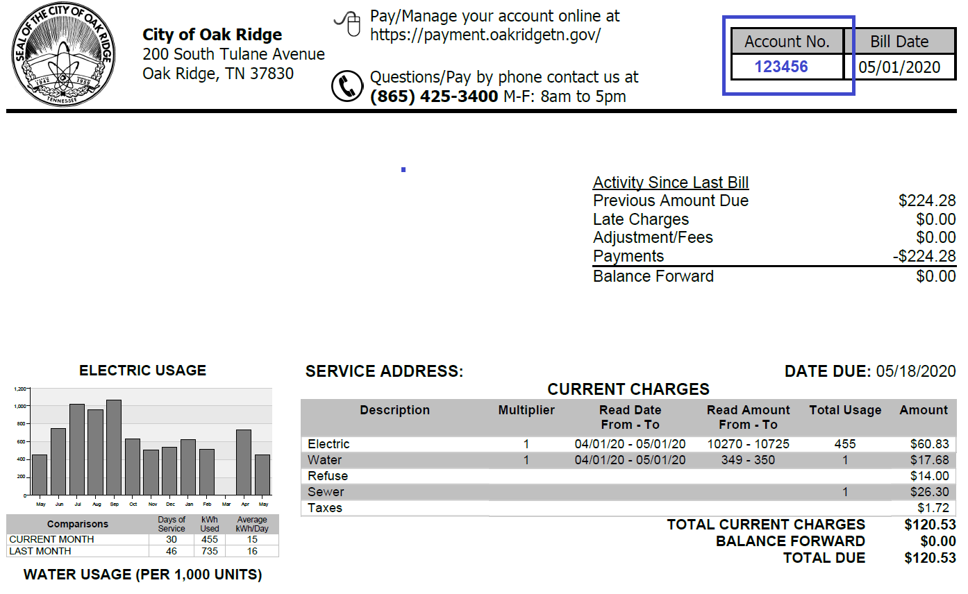 Image of a bill with the account number located in the upper left area